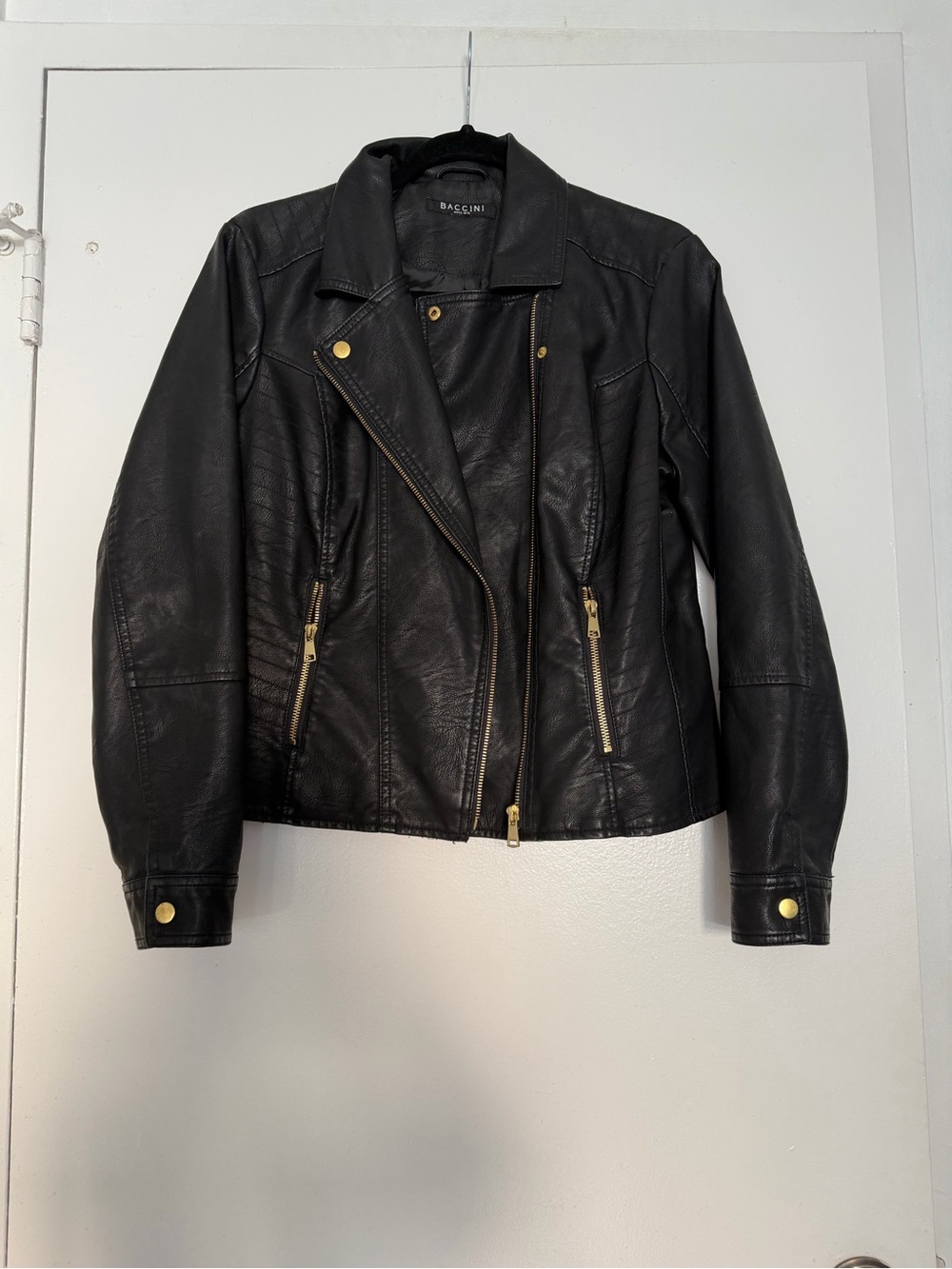 Baccini Black Faux Leather Asymmetric Zip Moto Jacket